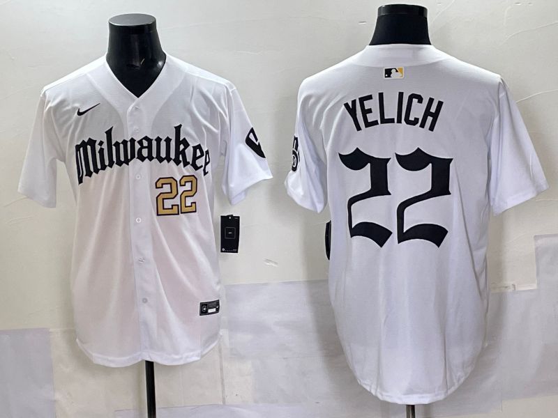 Men 2025 Milwaukee Brewers #22 Yelich White Five generations Joint Name Nike MLB Jersey style 07->milwaukee brewers->MLB Jersey